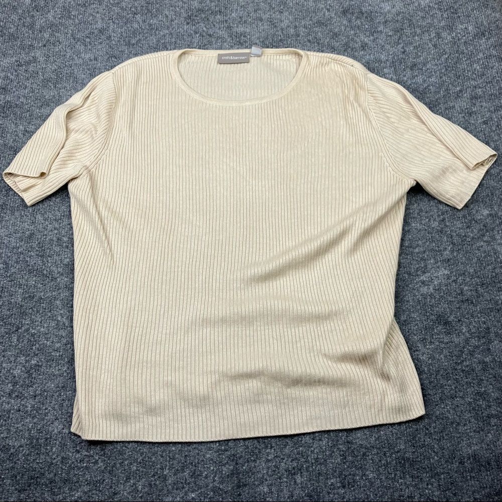 Croft‎ & Barrow Sweater Womens Size M Beige Ribbed Knit Short Sleeve Crew Neck